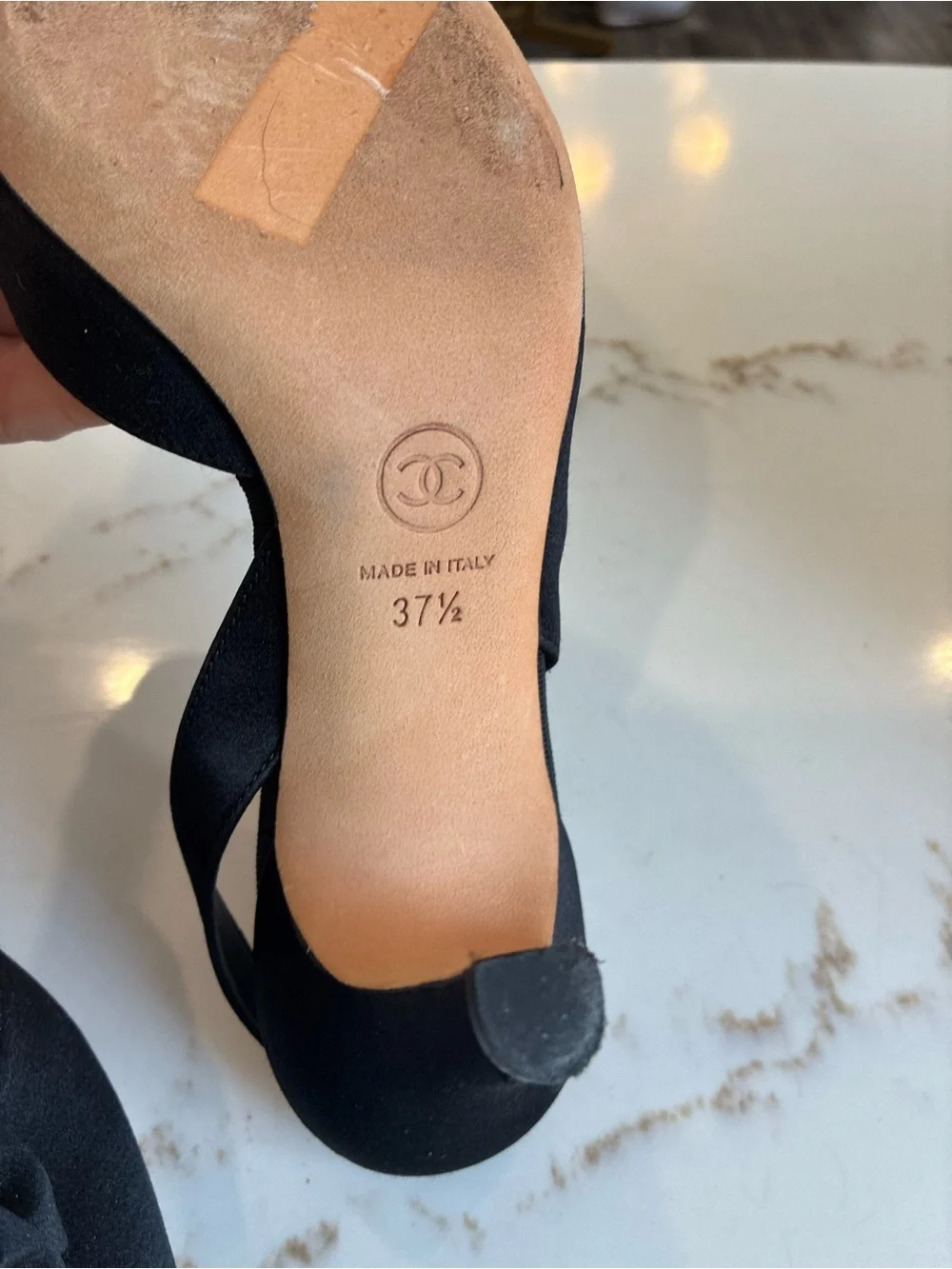 CHANEL Black Satin Slingback Pumps with Bow Accent